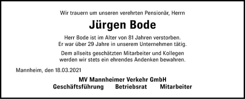  Traueranzeige für Jürgen Bode vom 18.03.2021 aus Mannheimer Morgen