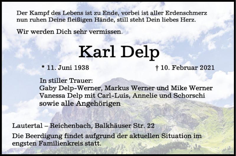  Traueranzeige für Karl Delp vom 13.02.2021 aus Bergsträßer Anzeiger