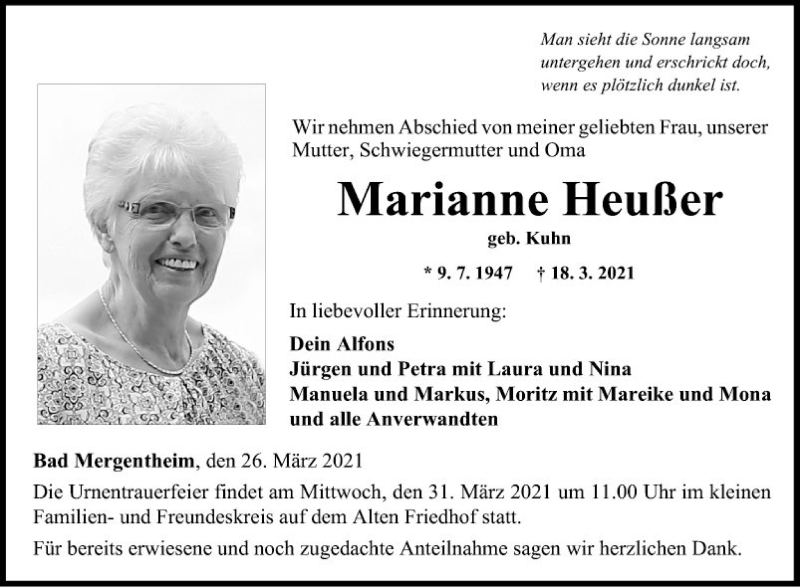  Traueranzeige für Marianne Heußer vom 26.03.2021 aus Fränkische Nachrichten