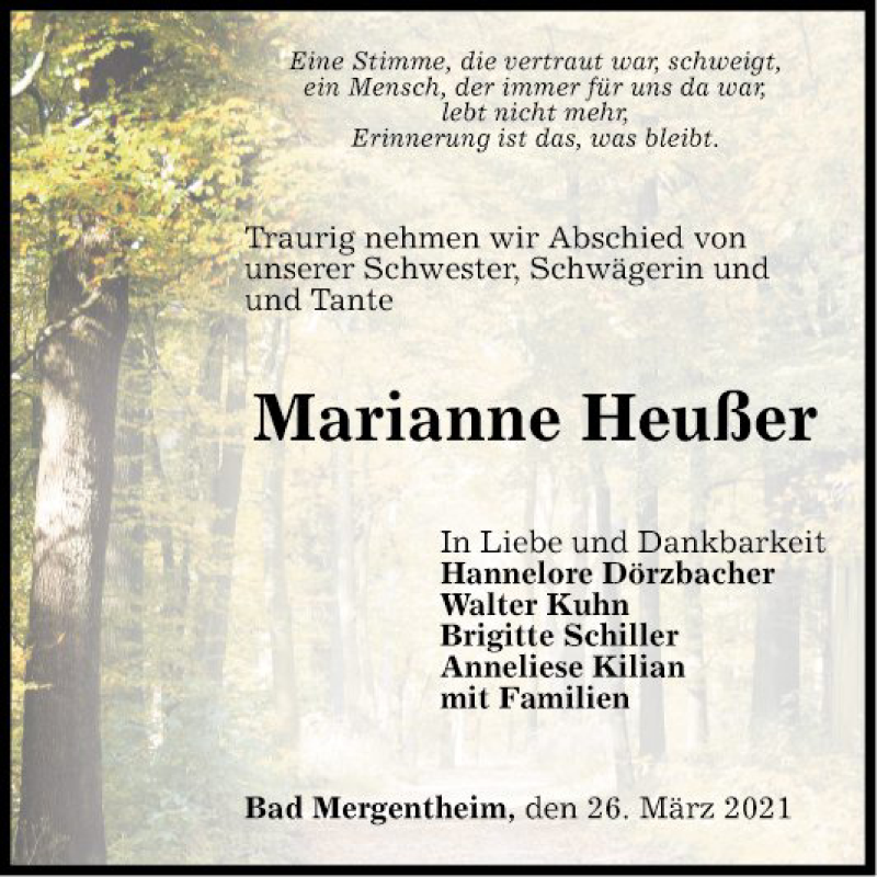  Traueranzeige für Marianne Heußer vom 26.03.2021 aus Fränkische Nachrichten