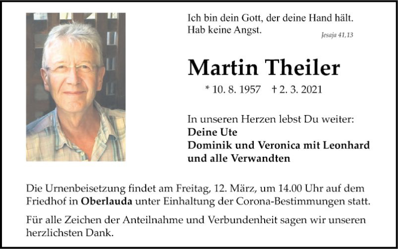  Traueranzeige für Martin Theiler vom 08.03.2021 aus Fränkische Nachrichten