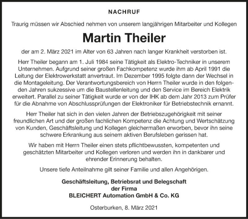  Traueranzeige für Martin Theiler vom 08.03.2021 aus Fränkische Nachrichten