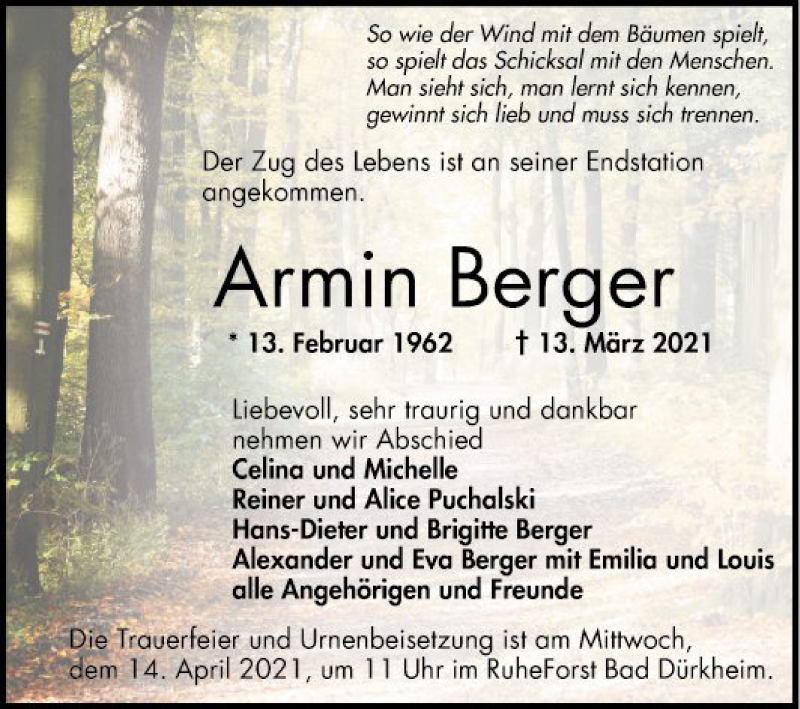  Traueranzeige für Armin Berger vom 03.04.2021 aus Mannheimer Morgen