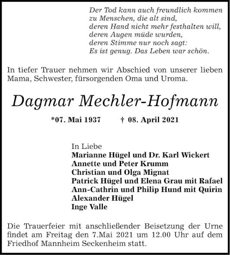  Traueranzeige für Dagmar Mechler-Hofmann vom 17.04.2021 aus Mannheimer Morgen