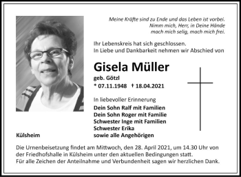 Traueranzeige von Gisela Müller von Fränkische Nachrichten