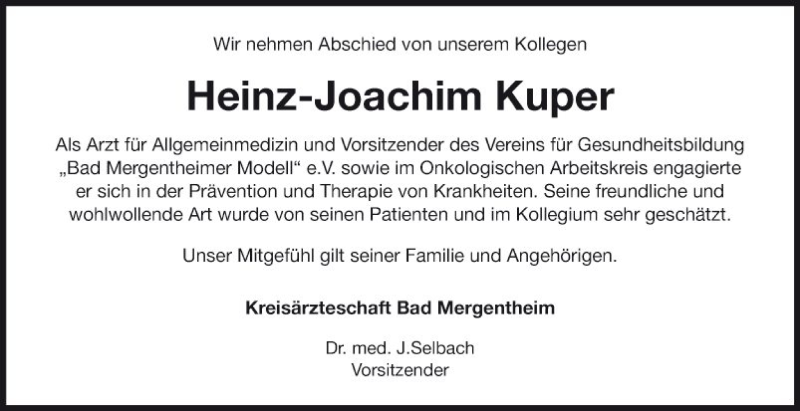  Traueranzeige für Heinz-Joachim Kuper vom 15.04.2021 aus Fränkische Nachrichten