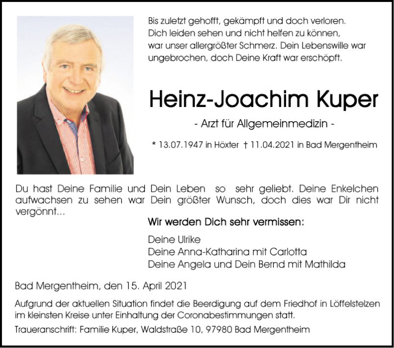  Traueranzeige für Heinz-Joachim Kuper vom 15.04.2021 aus Fränkische Nachrichten