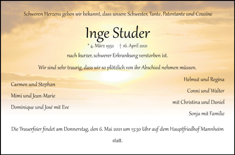 Traueranzeige für Inge Studer vom 24.04.2021 aus Mannheimer Morgen