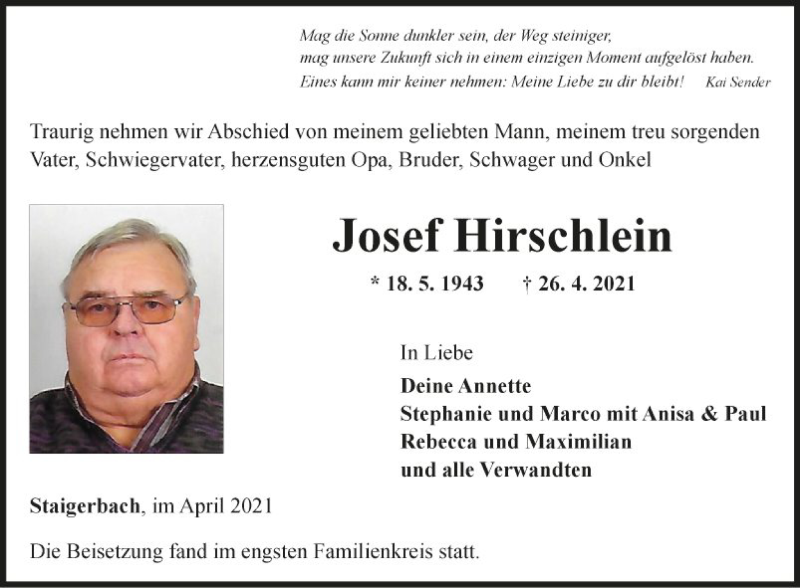  Traueranzeige für Josef Hirschlein vom 30.04.2021 aus Fränkische Nachrichten