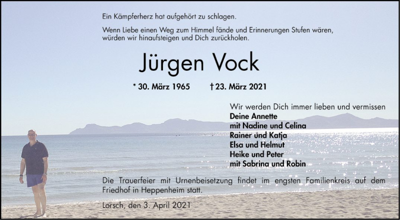  Traueranzeige für Jürgen Vock vom 03.04.2021 aus Bergsträßer Anzeiger
