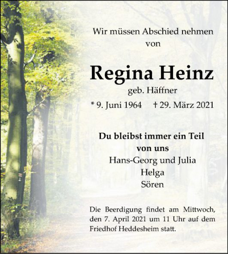  Traueranzeige für Regina Heinz vom 03.04.2021 aus Mannheimer Morgen