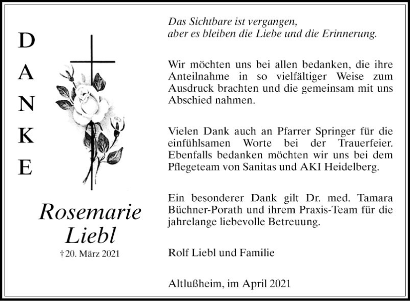  Traueranzeige für Rosemarie Liebl vom 17.04.2021 aus Schwetzinger Zeitung