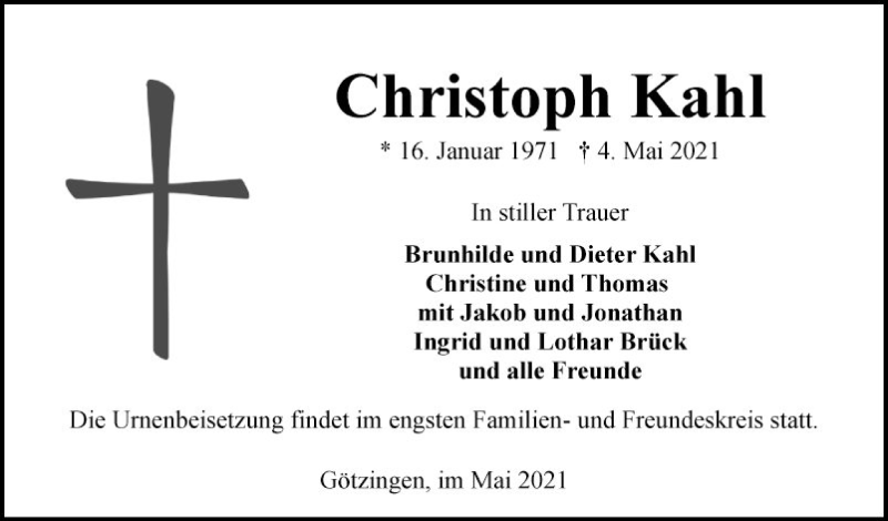  Traueranzeige für Christoph Kahl vom 08.05.2021 aus Fränkische Nachrichten