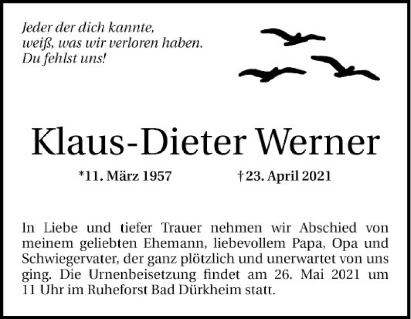  Traueranzeige für Klaus-Dieter Werner vom 04.05.2021 aus Mannheimer Morgen