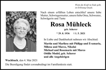 Traueranzeige von Rosa Mühleck von Fränkische Nachrichten