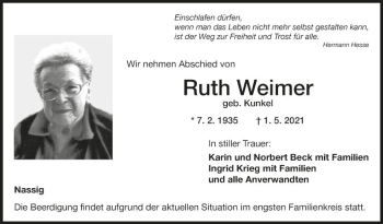 Traueranzeige von Ruth Weimer von Fränkische Nachrichten