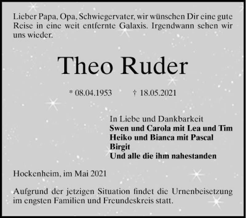  Traueranzeige für Theo Ruder vom 26.05.2021 aus Schwetzinger Zeitung