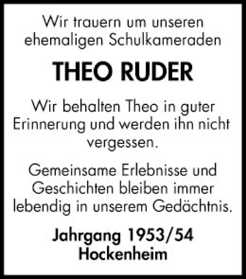  Traueranzeige für Theo Ruder vom 29.05.2021 aus Schwetzinger Zeitung