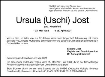 Traueranzeige von Ursula Uschi Jost von Schwetzinger Zeitung