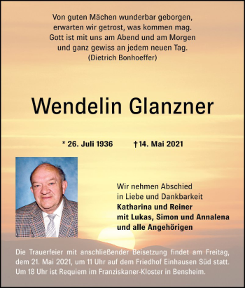 Traueranzeige von Wendelin Glanzner von Bergsträßer Anzeiger