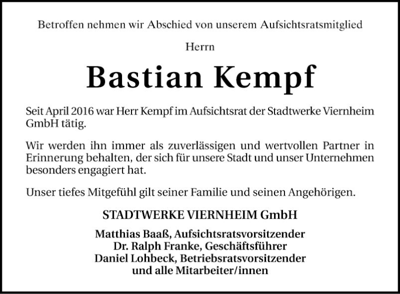  Traueranzeige für Bastian Kempf vom 17.06.2021 aus Mannheimer Morgen