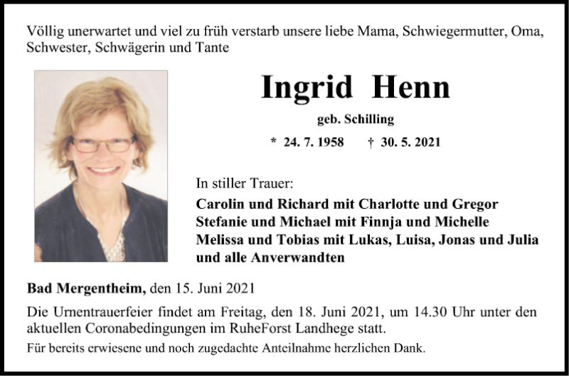  Traueranzeige für Ingrid Henn vom 15.06.2021 aus Fränkische Nachrichten