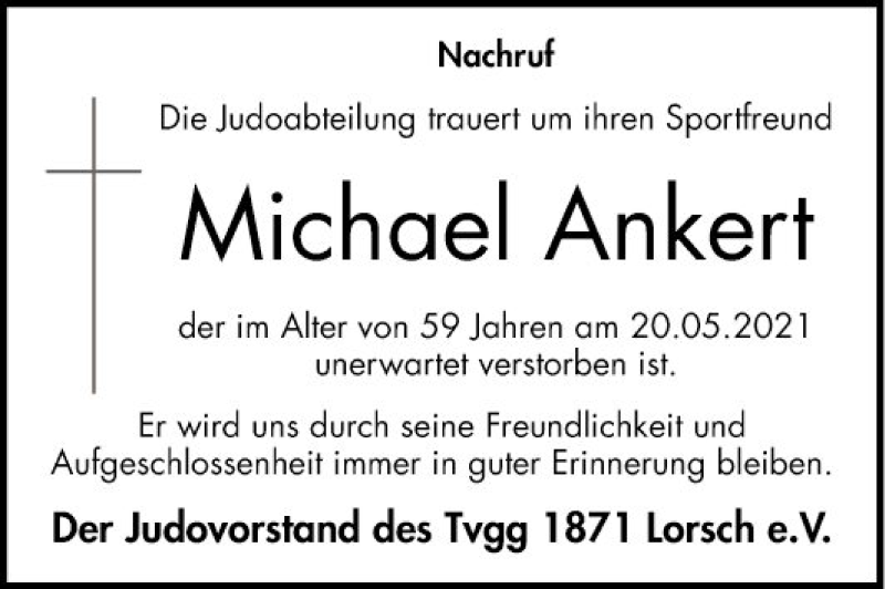  Traueranzeige für Michael Ankert vom 05.06.2021 aus Bergsträßer Anzeiger