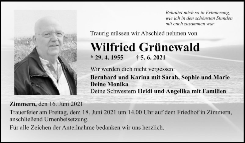  Traueranzeige für Wilfried Grünewald vom 16.06.2021 aus Fränkische Nachrichten