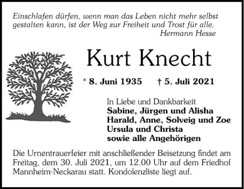  Traueranzeige für Kurt Knecht vom 24.07.2021 aus Mannheimer Morgen