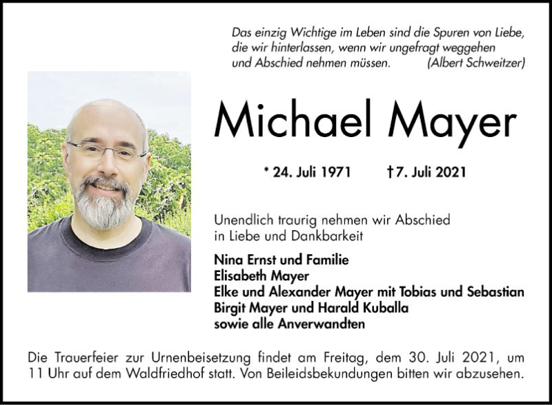  Traueranzeige für Michael Mayer vom 24.07.2021 aus Bergsträßer Anzeiger