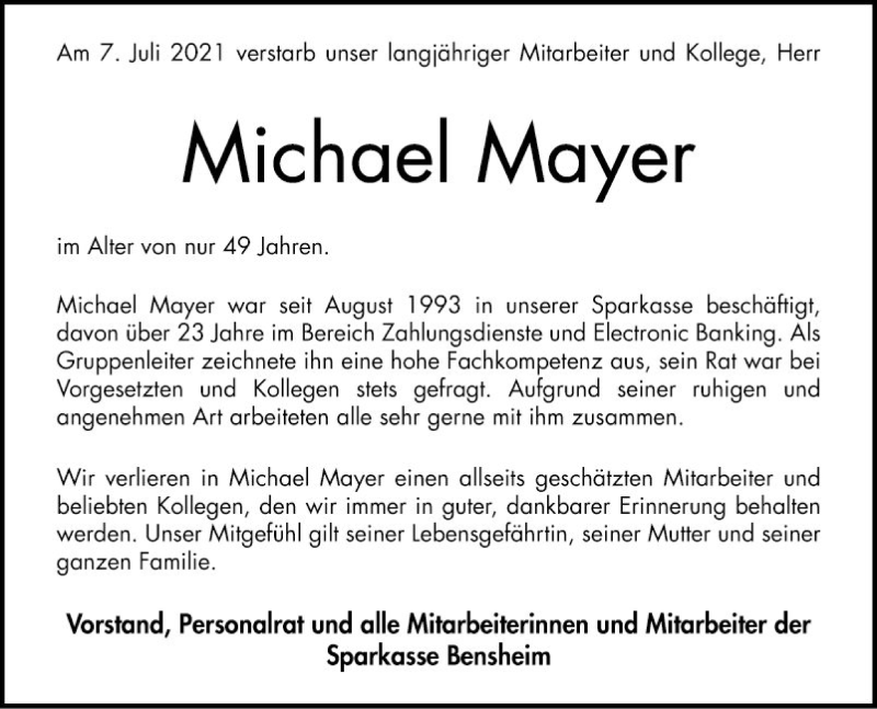  Traueranzeige für Michael Mayer vom 17.07.2021 aus Bergsträßer Anzeiger