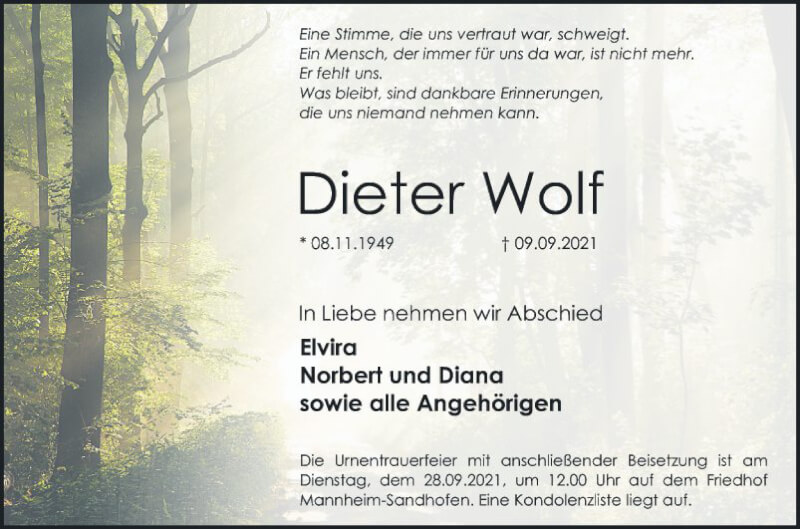  Traueranzeige für Dieter Wolf vom 18.09.2021 aus Mannheimer Morgen