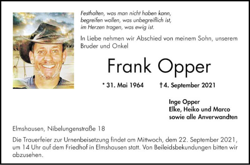  Traueranzeige für Frank Opper vom 18.09.2021 aus Bergsträßer Anzeiger