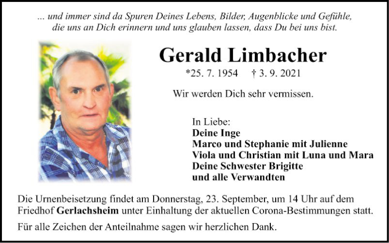  Traueranzeige für Gerald Limbacher vom 16.09.2021 aus Fränkische Nachrichten