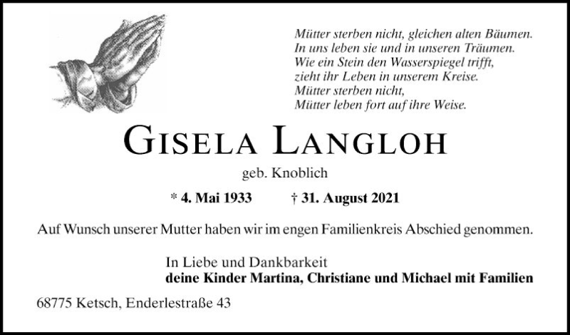 Traueranzeige für Gisela Langloh vom 09.09.2021 aus Schwetzinger Zeitung