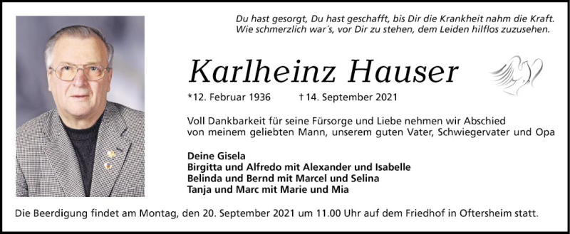  Traueranzeige für Karlheinz Hauser vom 16.09.2021 aus Schwetzinger Zeitung
