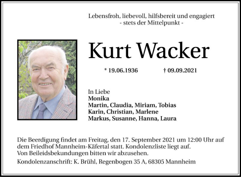  Traueranzeige für Kurt Wacker vom 14.09.2021 aus Mannheimer Morgen