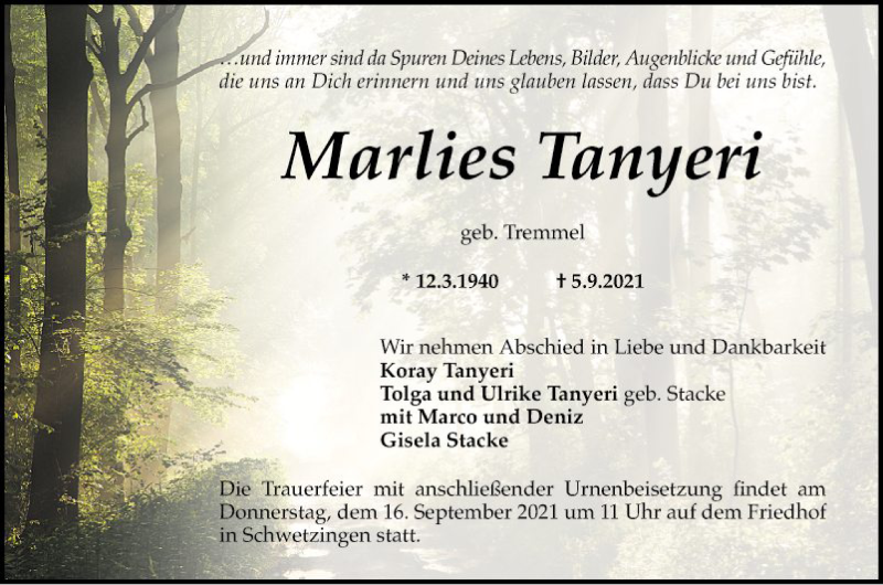  Traueranzeige für Marlies Tanyeri vom 11.09.2021 aus Schwetzinger Zeitung