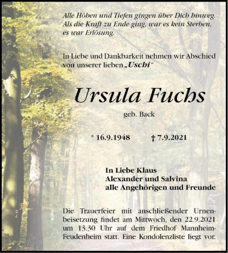  Traueranzeige für Ursula Fuchs vom 11.09.2021 aus Mannheimer Morgen