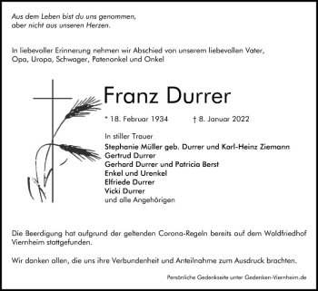 Traueranzeige von Franz Durrer von Südhessen Morgen