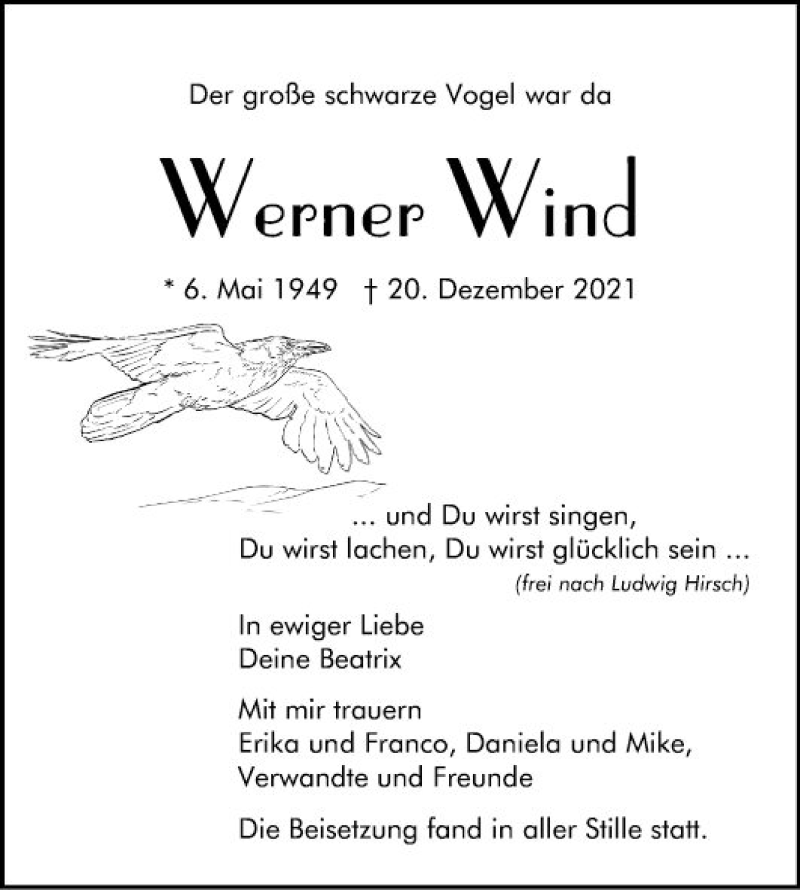  Traueranzeige für Werner Wind vom 22.01.2022 aus Südhessen Morgen