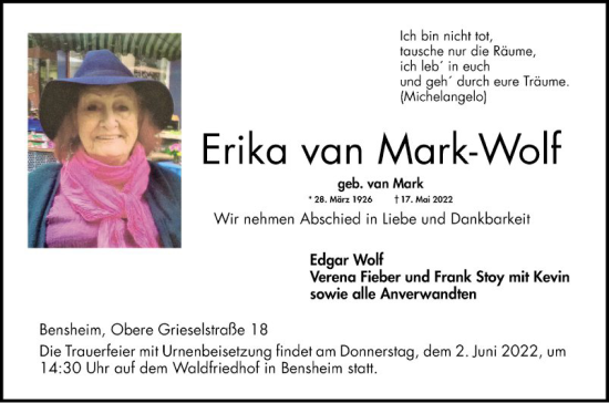 Traueranzeige von Erika van Mark-Wolf von Bergsträßer Anzeiger