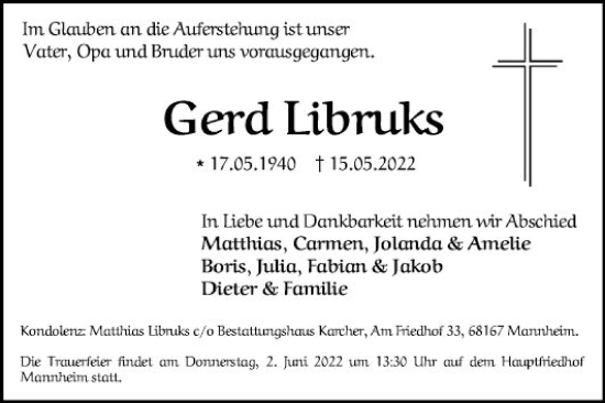Traueranzeige von Gerd Libruks von Mannheimer Morgen