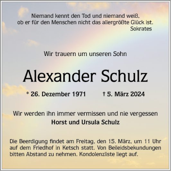 Traueranzeige von Alexander Schulz von Schwetzinger Zeitung