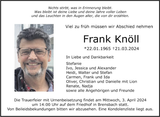 Traueranzeige von Frank Knöll von Bergsträßer Anzeiger
