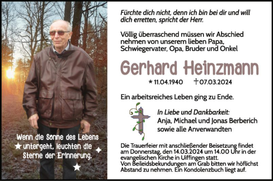 Traueranzeige von Gerhard Heinzmann von Fränkische Nachrichten