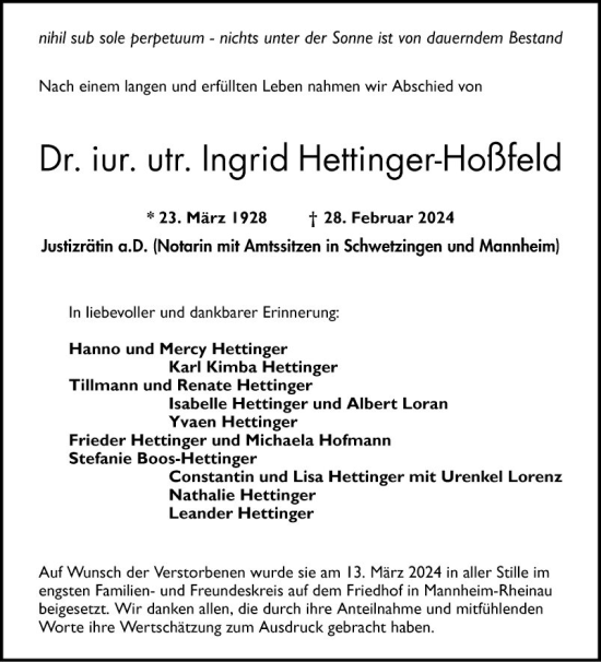 Traueranzeige von Ingrid Hettinger-Hoßfeld von Mannheimer Morgen