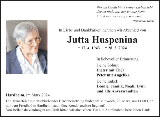 Traueranzeige von Jutta Huspenina von Fränkische Nachrichten