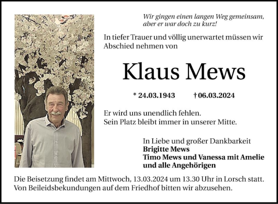Traueranzeige von Klaus Mews von Bergsträßer Anzeiger