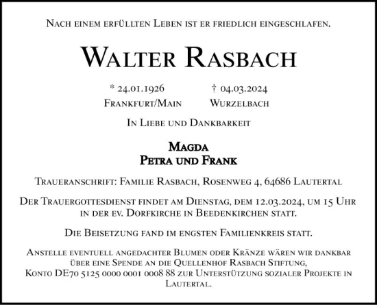 Traueranzeige von Walter Rasbach von Bergsträßer Anzeiger